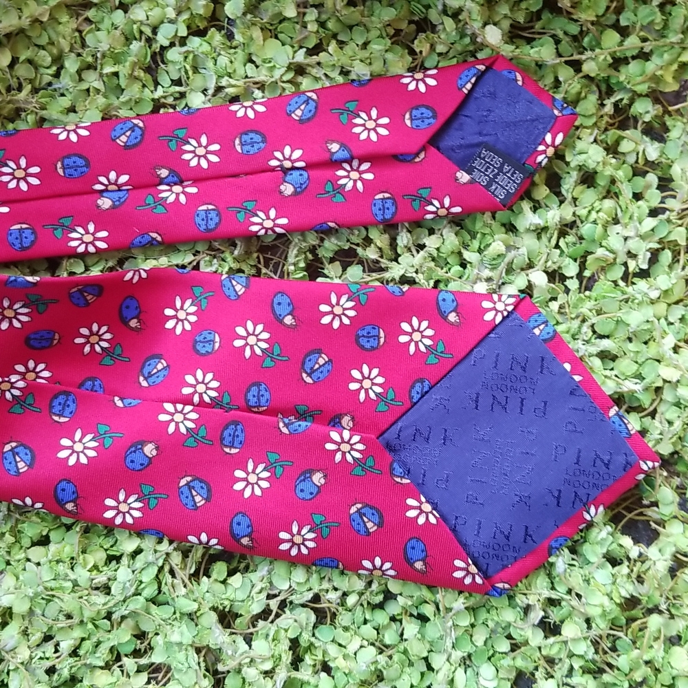 PINK Jermyn St London Daisy Daisies Red Silk Lady Bugs Neck Garden Whimsical TIE - Picture 12 of 12